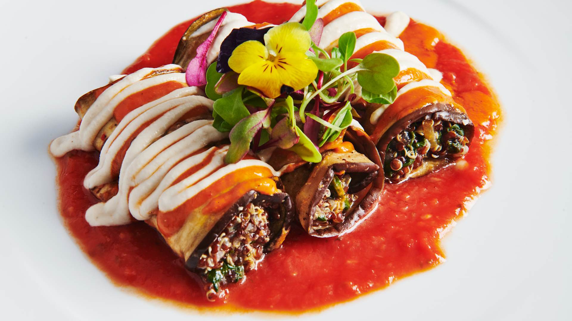 Eggplant Cannelloni with Pinenuts and Romesco Sauce