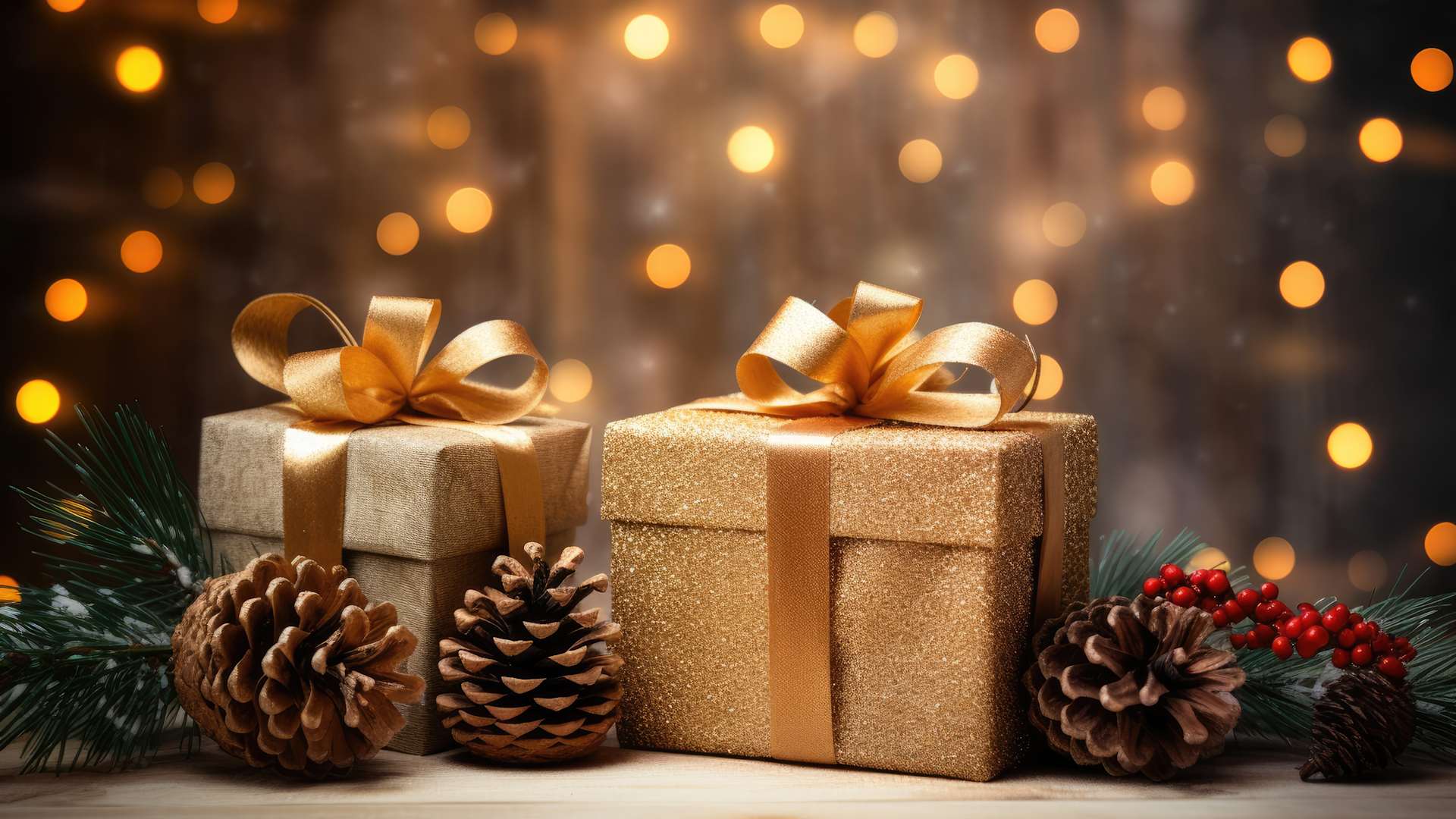 Christmas presents gift wrapped in golden foil and tied with golden bows, surrounded by pinecones and mistletoes.  